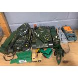 Two vintage tin wire controlled toy tanks and other models.