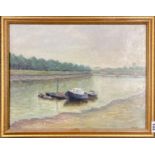A gilt framed oil on board depicting a Thames scene, signed A. Hart, frame size 56 x 44cm.