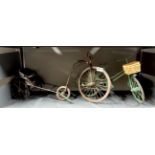 Three interesting metal models of a rickshaw, penny farthing and a bicycle, rickshaw L. 40cm.