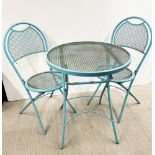 A folding metal garden table and two chairs.