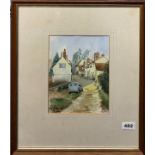 A framed watercolour of a village scene, signed E M Whitehead, frame size 38 x 47cm.