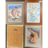 A group of four framed watercolours, acrylics and pastel depicting young men, two signed Schizoid,