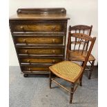 A 1920's oak chest with two bedroom chairs, chest W. 81cm, H. 109cm.