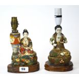 Two early 20th century Japanese satsuma figural lamp bases, tallest H. 27cm.