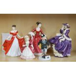 A group of five Royal Doulton figurines, 'Off to School', 'Valerie', 'July-Ruby', 'Stephanie' and '