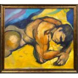 A framed oil on canvas of a young male nude study with indistinct inked notation verso, frame size