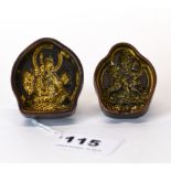 Two Tibetan bronze moulds for clay pilgrim's tablets, depicting Deities, largest 5.5cm.