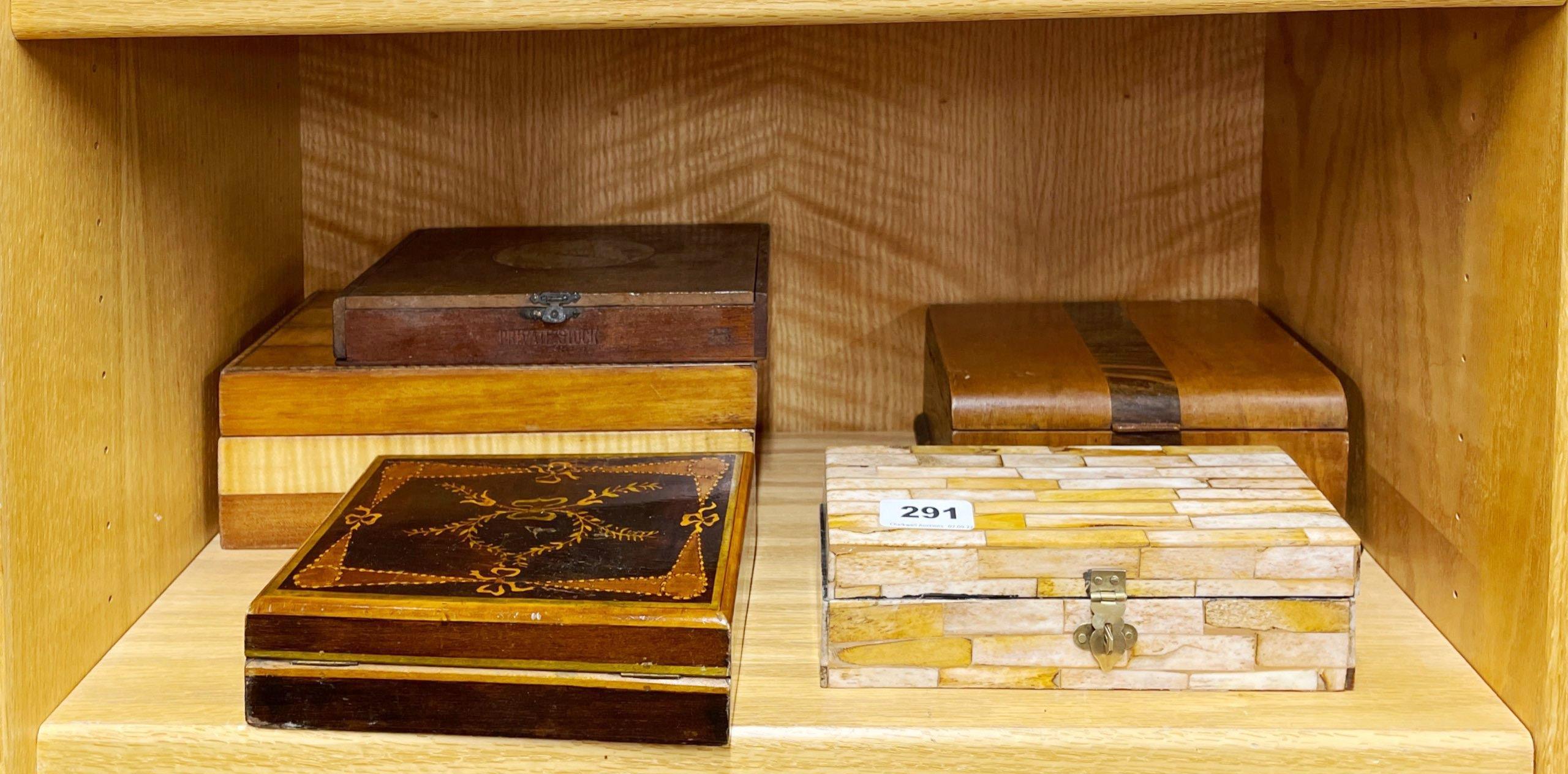 A group of mixed wooden boxes, largest size 27 x 14cm.