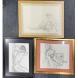 A group of three framed pencil and charcoal sketches depicting young male nude studies, largest