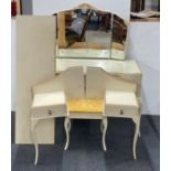 A 1970's painted dressing table and three way mirror with matching bedhead and bedside cabinets.