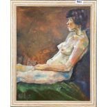 A framed acrylic on board female nude study with indistinct signature, frame size 44 x 55cm.