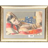 A framed, signed erotic pastel portrait of a young male study, reclining on a Stars and Stripes,