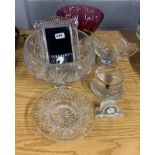 A Waterford crystal photo frame and clock, together with further good glass items.