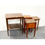 Two oak side tables, a mahogany side table and a chinoiserie decorated workbox.