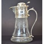 A silver plate mounted etched glass water / claret jug, H. 28cm.