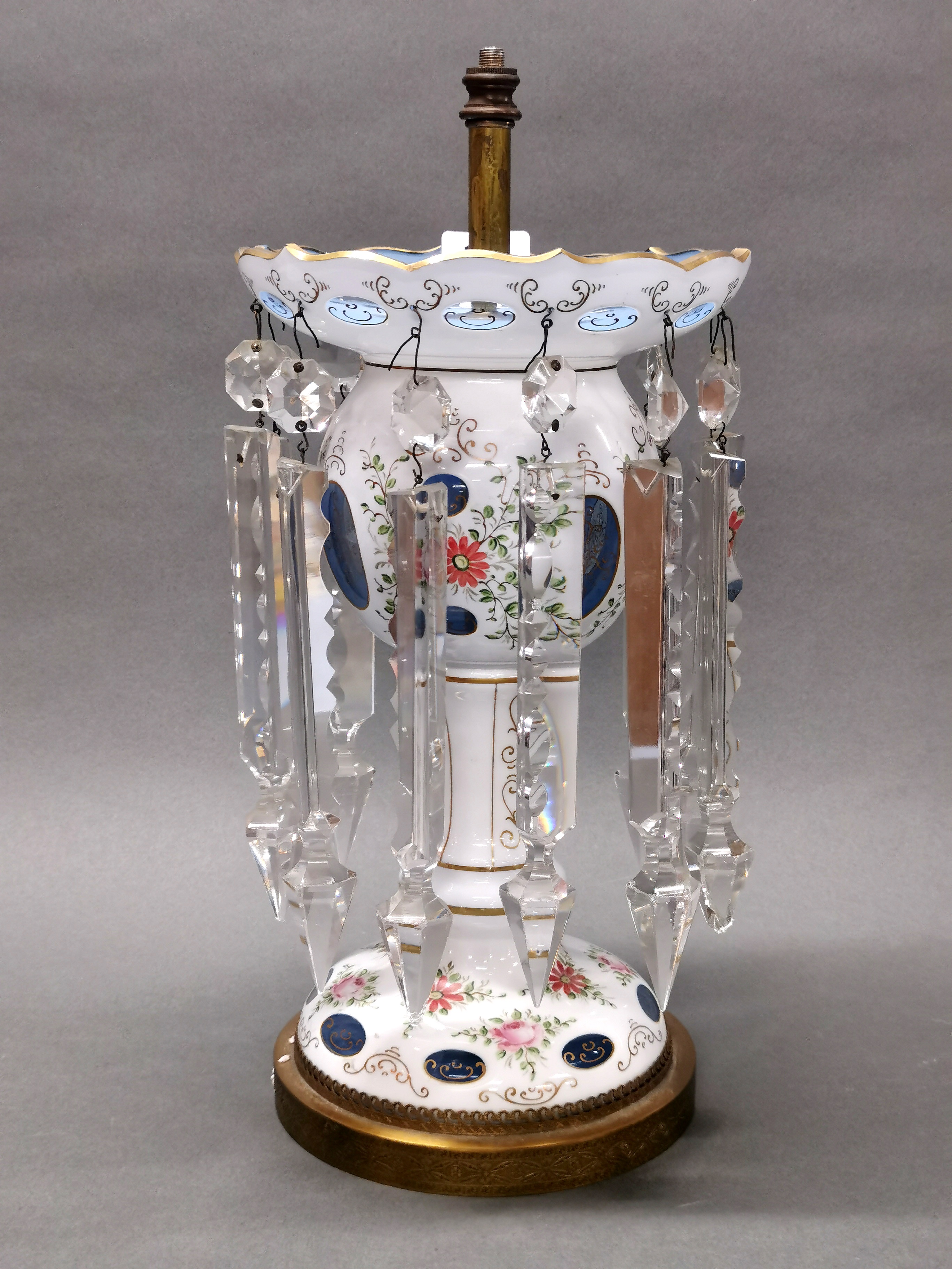 An impressive Bohemian painted and cut glass lustre table lamp base with gilt metal base, H. 42cm.