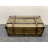 A vintage wood and canvas covered military chest for Lieutenant Perrin, 35 x 69 x 27cm.