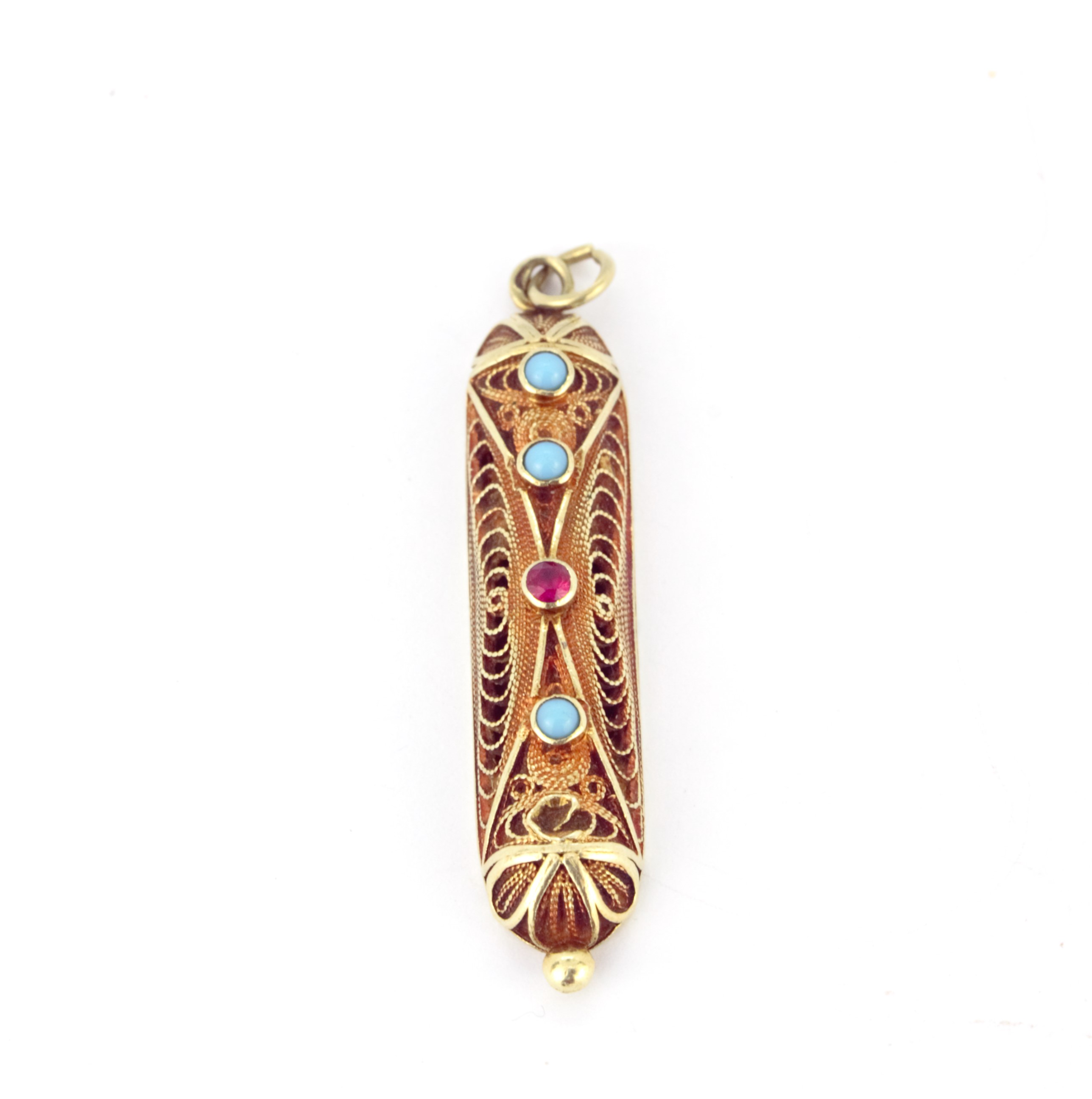 A 14ct yellow gold (stamped 585 and 14ct) filigree pendant set with turquoise and a red stone, L.
