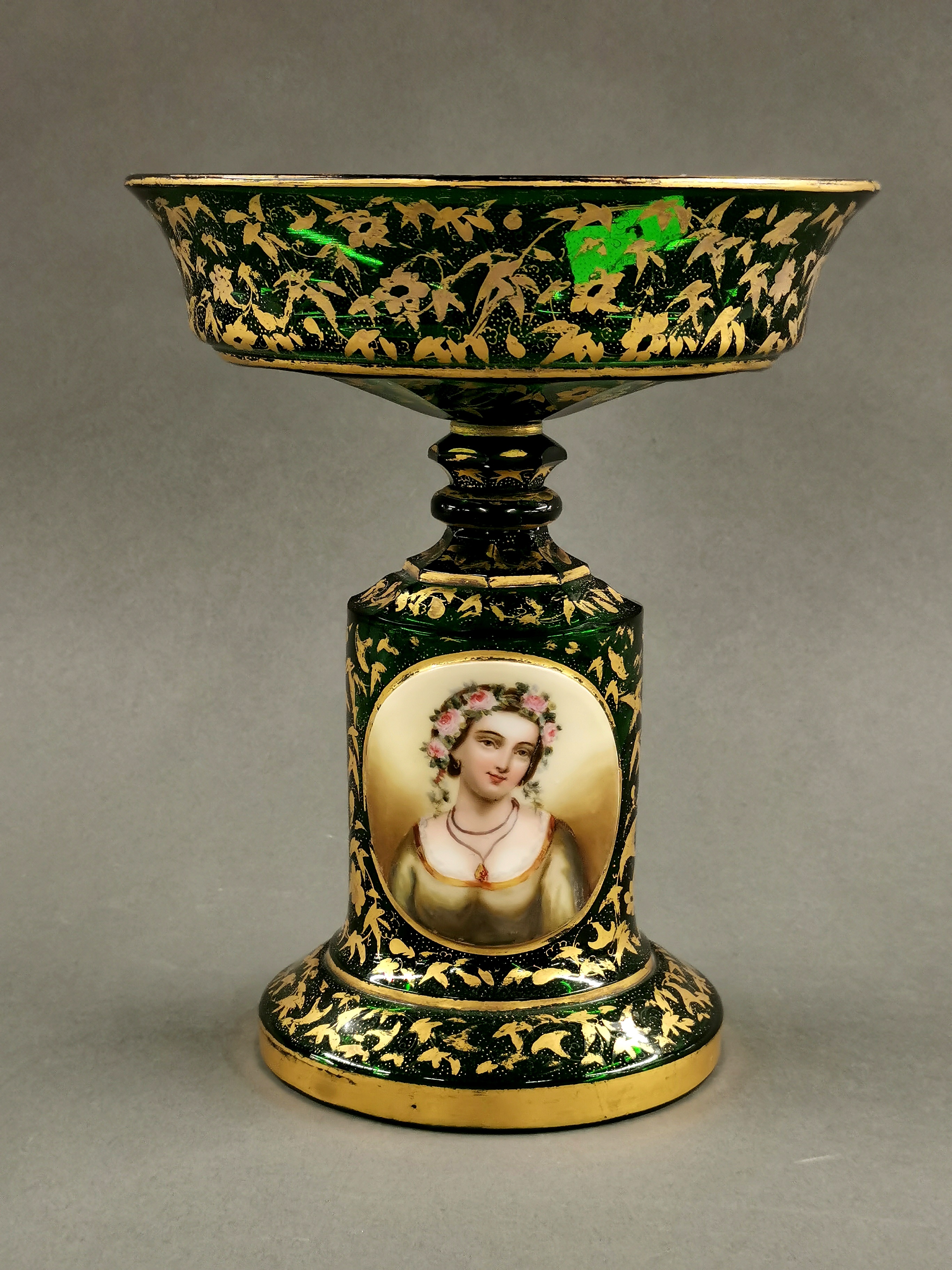 A fine 19th century hand painted and gilded green glass centrepiece, H. 24cm.