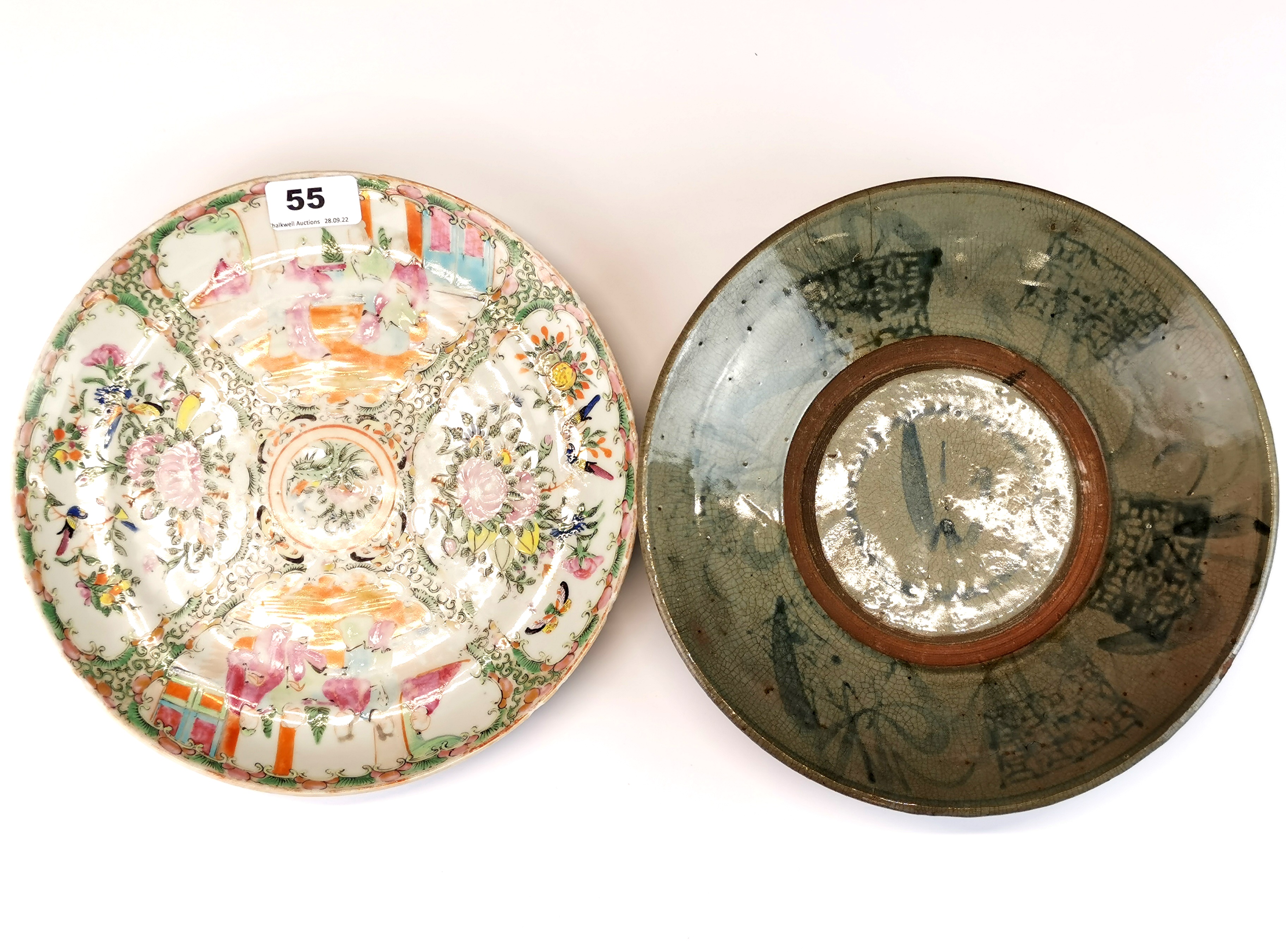 A 19th century Cantonese hand enamelled porcelain plate, Dia. 26cm, together with a Provincial