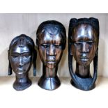 A group of three African carved figured ebony busts, largest H. 37cm.