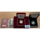 A 2006 gold proof half sovereign and a 2009 gold proof quarter sovereign.