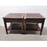 A pair of mahogany cross-banded single drawer side tables, 56 x 56 x 56cm.