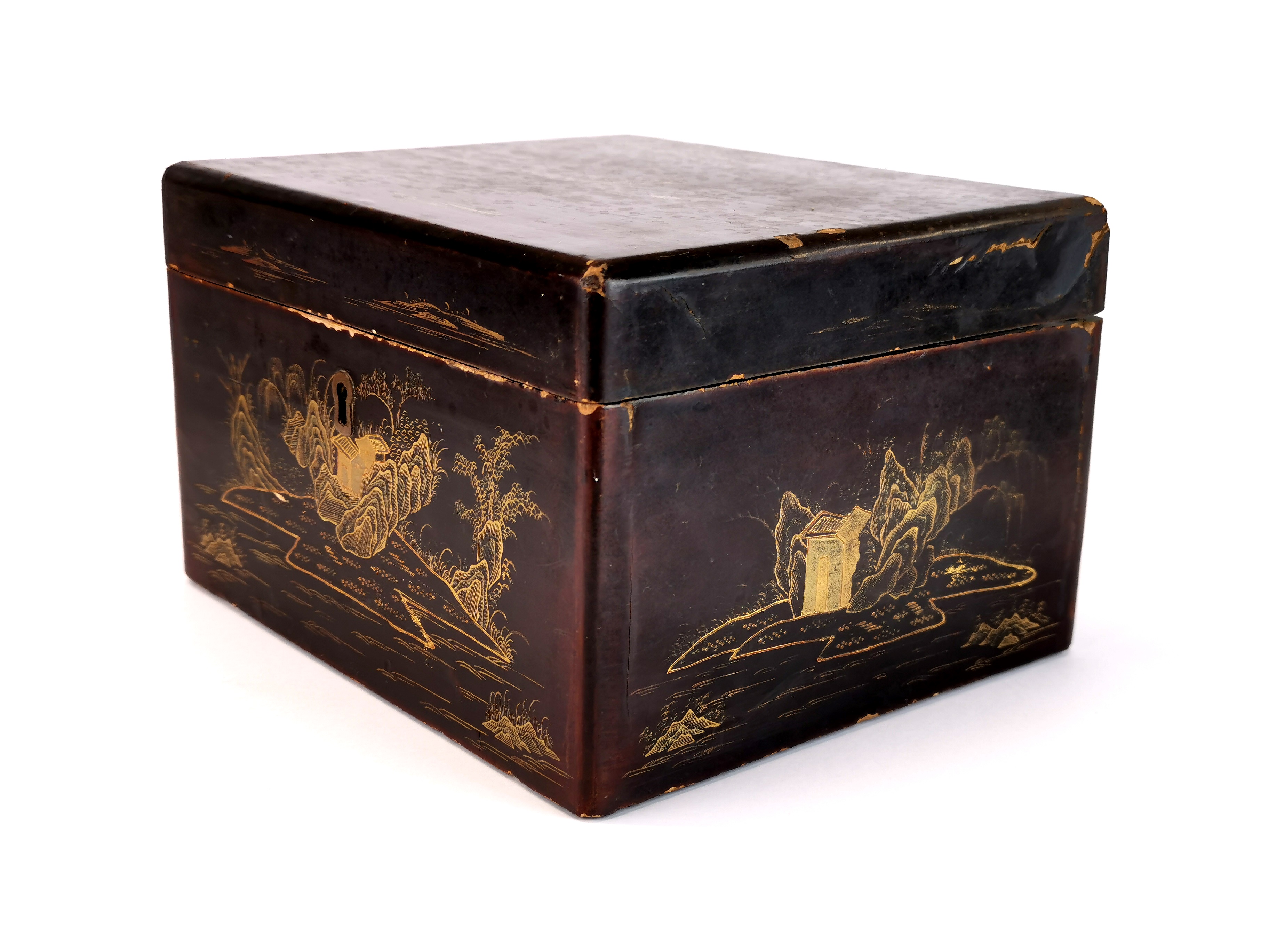 A 19th century Chinese lacquered wood and pewter tea box, 21 x 17 x 13cm. - Image 2 of 4