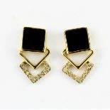 A pair of 9ct yellow gold earrings set with onyx and diamonds, L. 1.3cm.