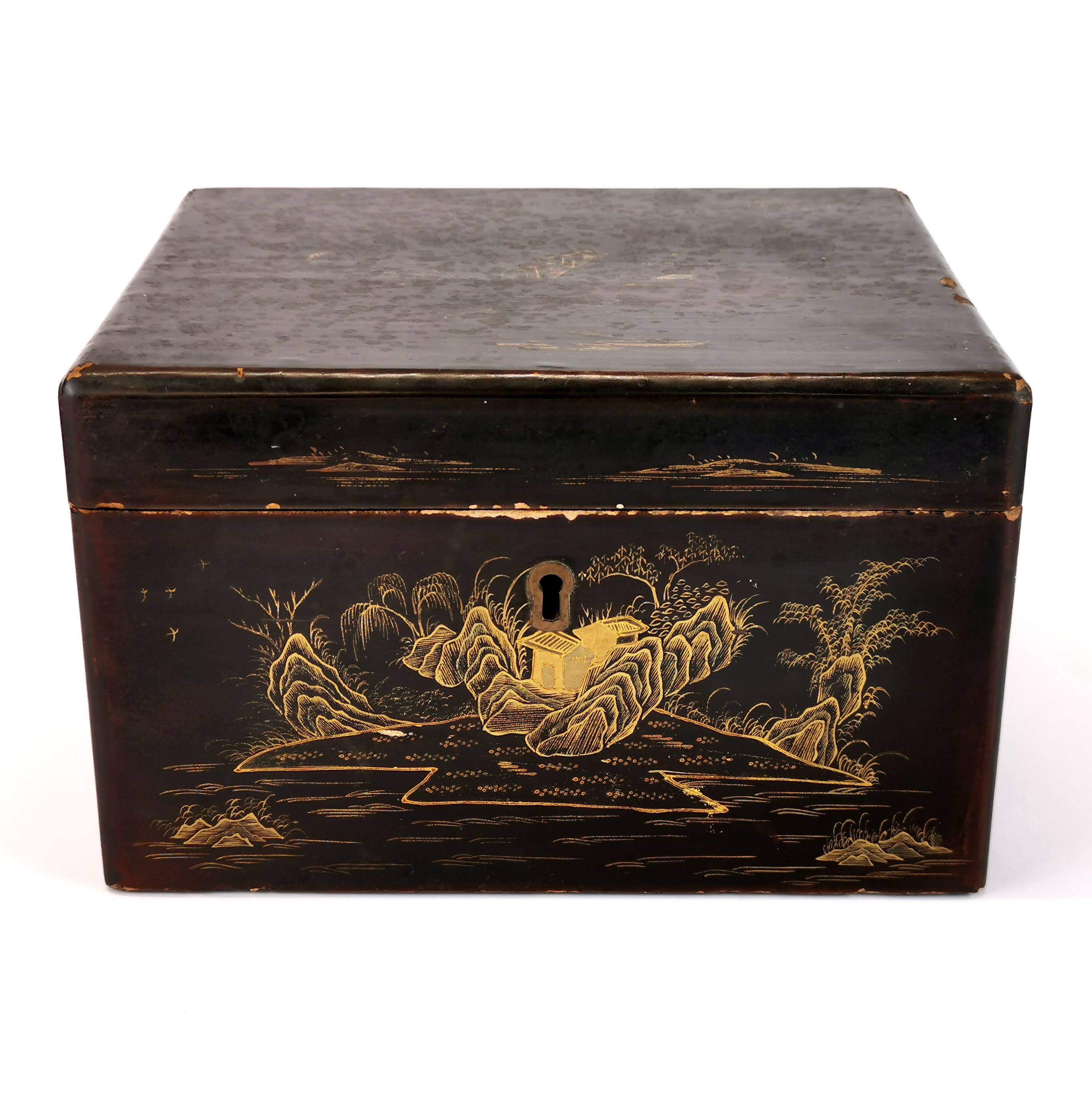A 19th century Chinese lacquered wood and pewter tea box, 21 x 17 x 13cm.