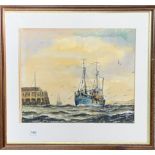 A framed watercolour of a fishing boat entering Scarborough Harbour by Jack Rigg, frame size 71 x