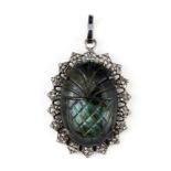 A black metal pendant set with a large carved labradorite surrounded by diamonds, L. 4.5cm.