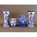 A Chinese porcelain jar and lid, together with a pair of Continental willow pattern decorated