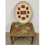 A 19th century tapestry upholstered stool and Victorian style picture frame.