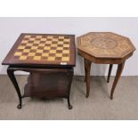 An inlaid mahogany, satinwood and rosewood chess table, 50 x 50 x 48cm, together with an Italian