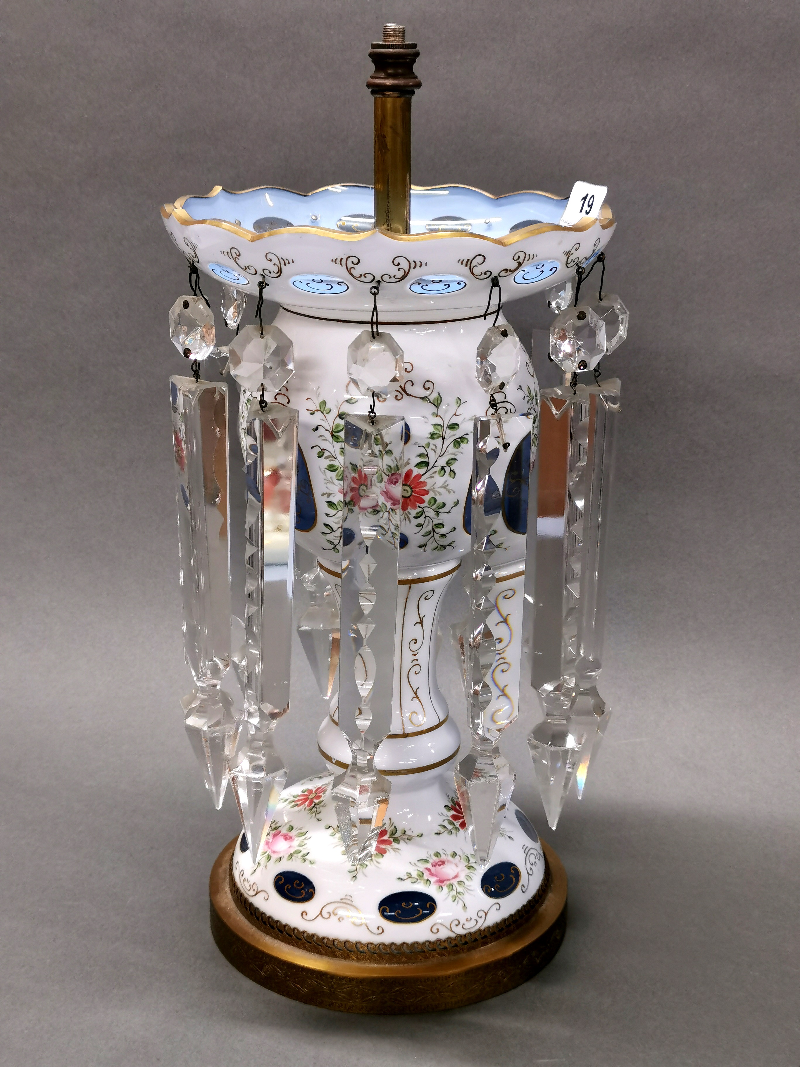 An impressive Bohemian painted and cut glass lustre table lamp base with gilt metal base, H. 42cm. - Image 4 of 4