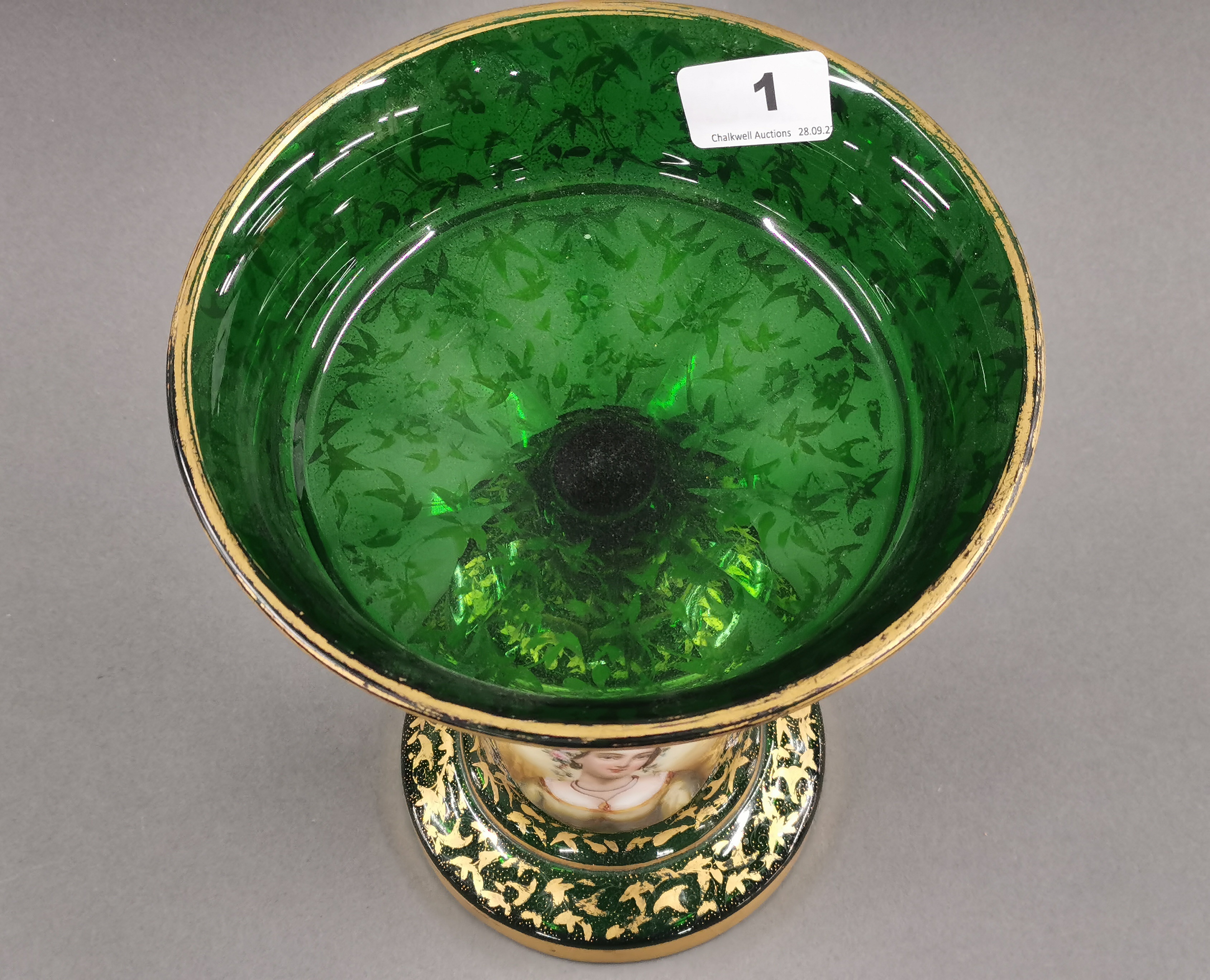 A fine 19th century hand painted and gilded green glass centrepiece, H. 24cm. - Image 2 of 4