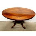 A 19th century walnut veneered and inlaid tilt top pedestal tea table, 118 x 88cm.