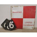 A group of five enamelled carriage number signs, 14 x 11.5cm, together with an enamelled warning "