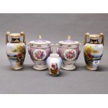 A pair of Continental porcelain jars and lids, with a pair of Noritake vases and a further vase,