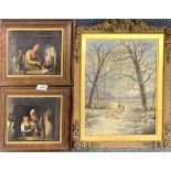 A pair of small 19th century oils on tin of peasant scenes, frame size 28 x 24cm, together with a