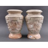 A pair of marble mosaic decorated vases, one A/F, H. 31cm.