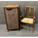 An unusual oak and cane linen basket/ plant stand, 36 x 36 x 39cm, together with a rush seat child's