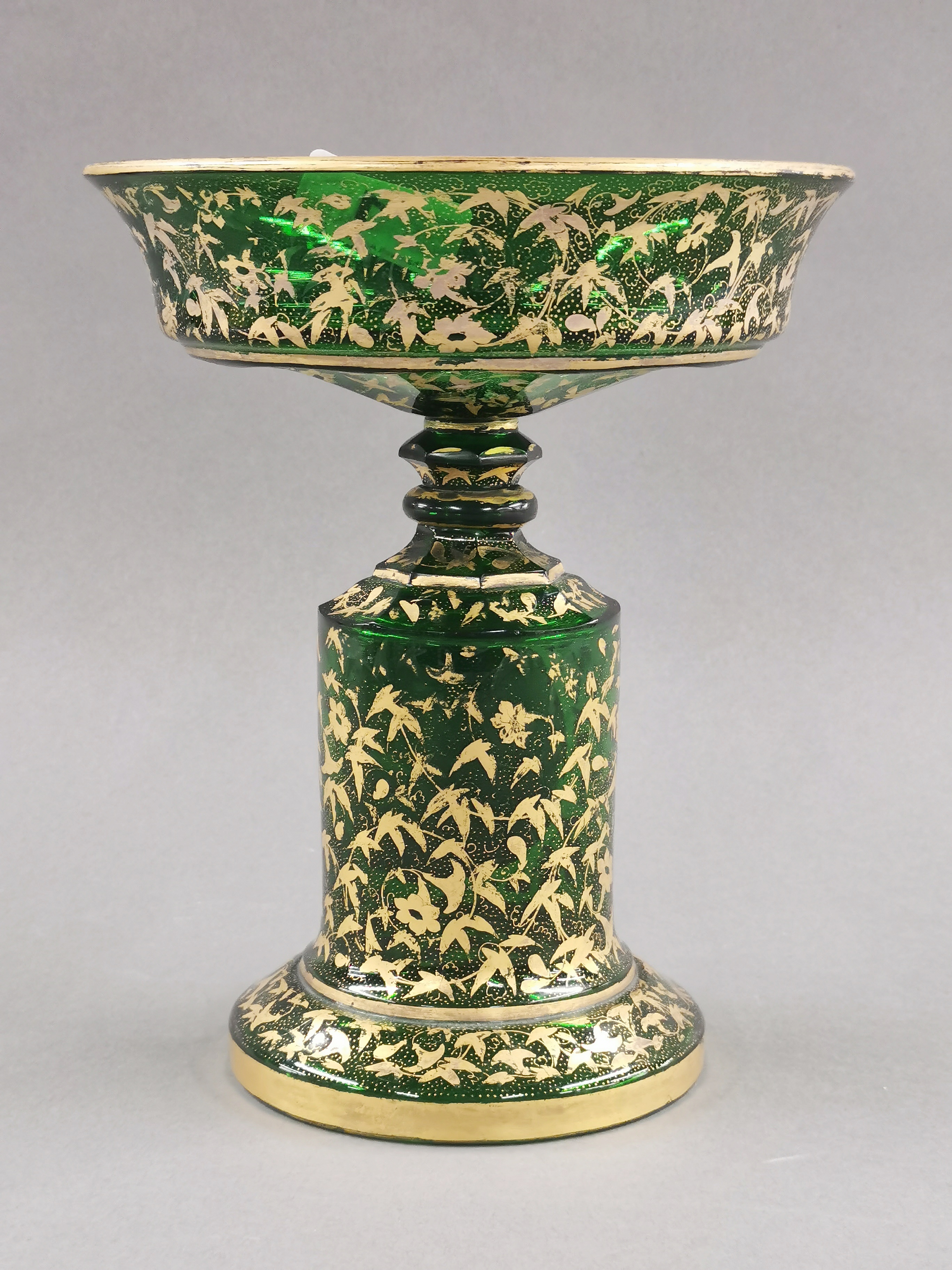 A fine 19th century hand painted and gilded green glass centrepiece, H. 24cm. - Image 3 of 4