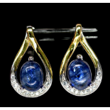 A pair of gold on 925 silver earrings set with cabochon cut sapphire and white stones, L. 1.5cm.
