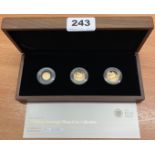 Three coin proof set containing a gold sovereign, half sovereign and quarter sovereign.