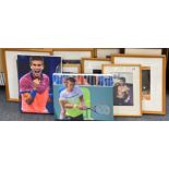 A group of framed and canvas printed pictures of sporting personalities, largest frame 46 x 43cm.