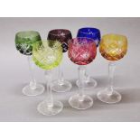 A set of six Bohemian cut crystal hock glasses, one A/F.