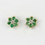 A pair of 9ct yellow gold emerald and diamond set cluster stud earrings, L. 0.6cm.
