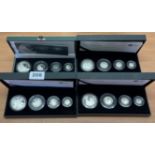 Four sets of 4 Britannia Silver Proof coin sets for 2011, 2011, 2007 and 2010.